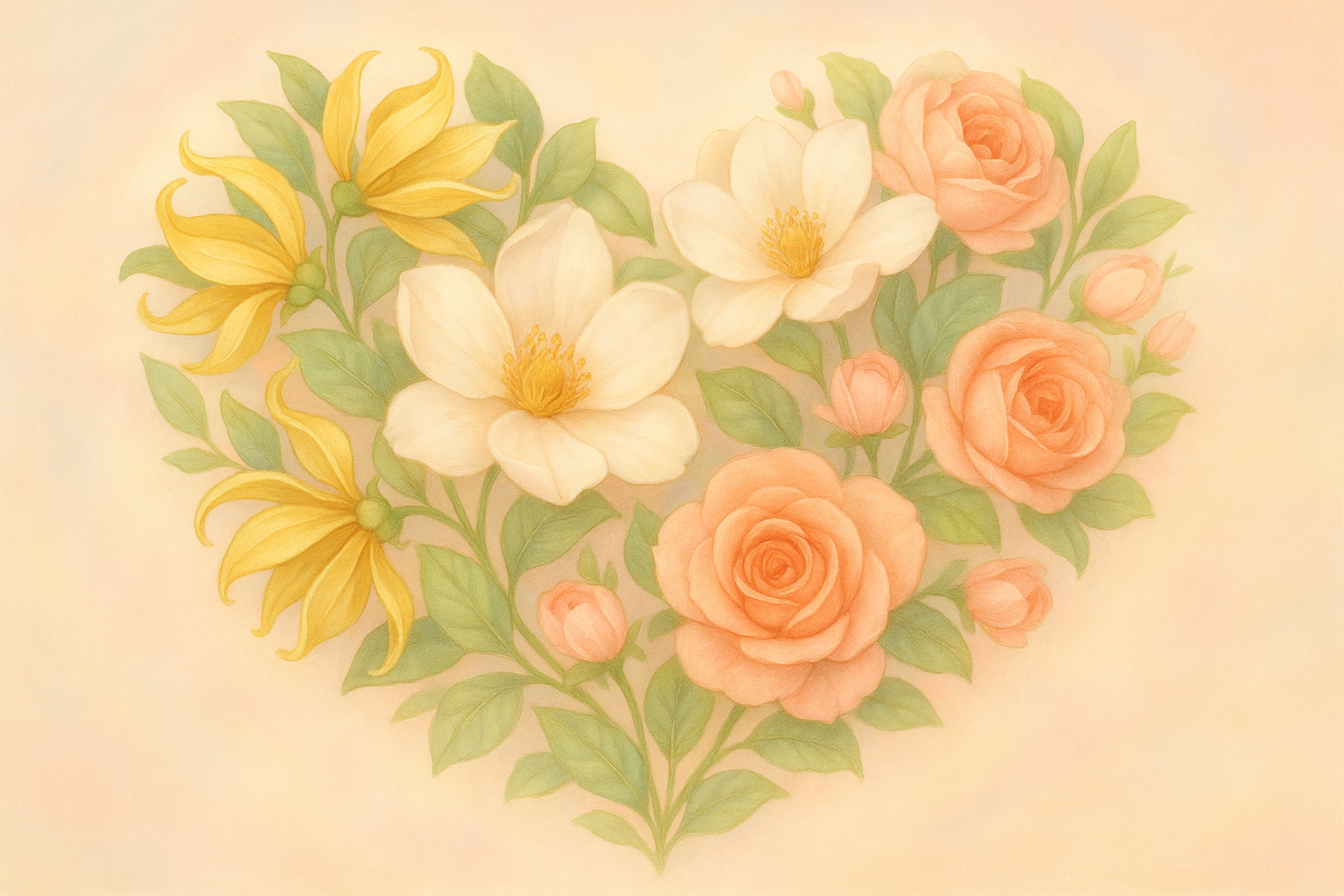 Give image - The heart blooms with a soft floral blend of ylang-ylang, green notes, magnolia, and peach, adding elegance and sweetness.